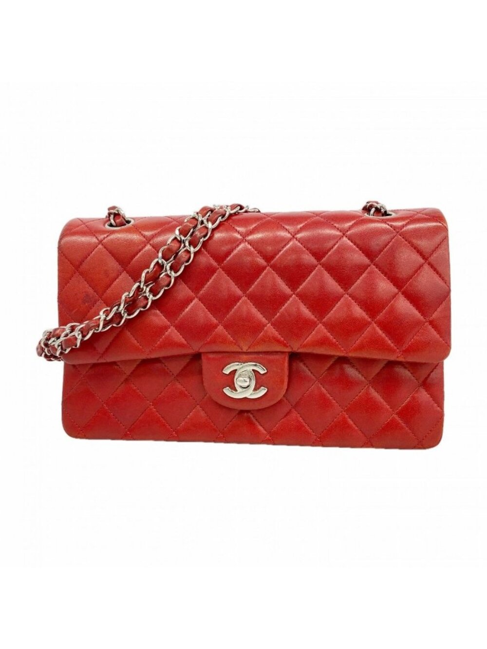 Chanel Shoulder Bag Quilted Lambskin Red Silver